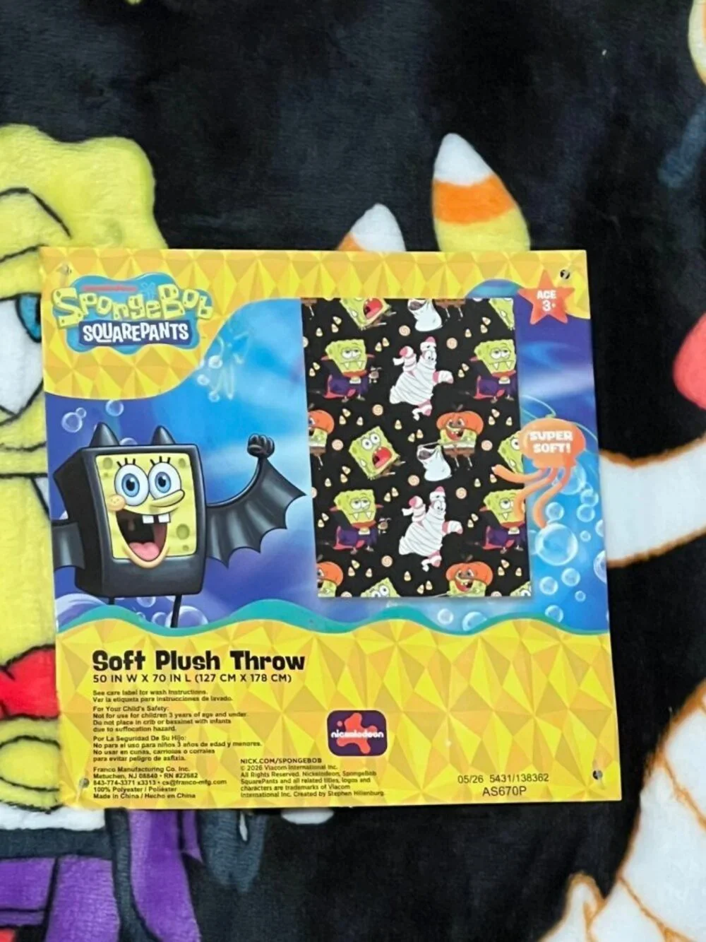 Nickelodeon SPONGEBOB SQUAREPANTS HALLOWEEN Throw Blanket 50x70 Black Mummy 2026